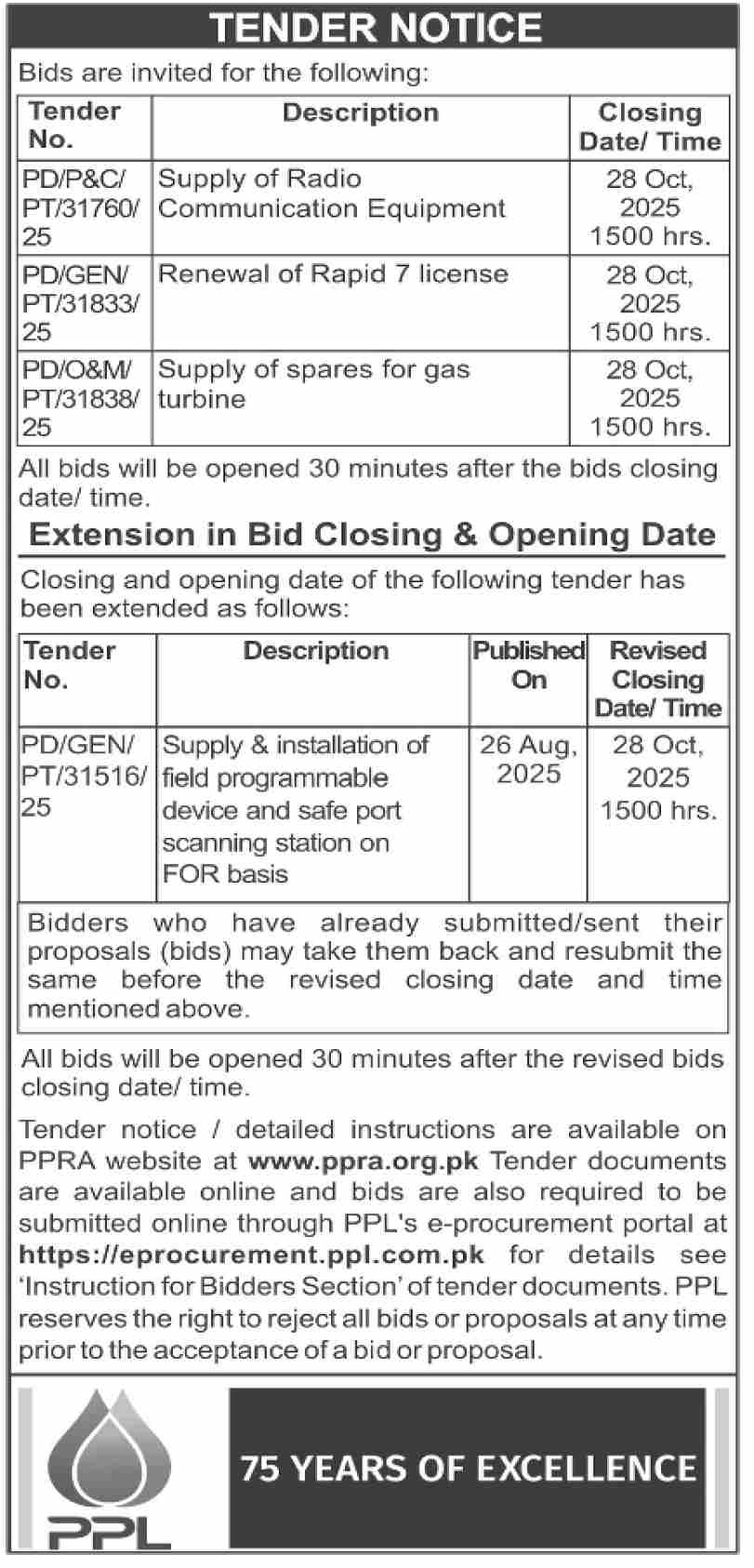 PPL Tender Notice